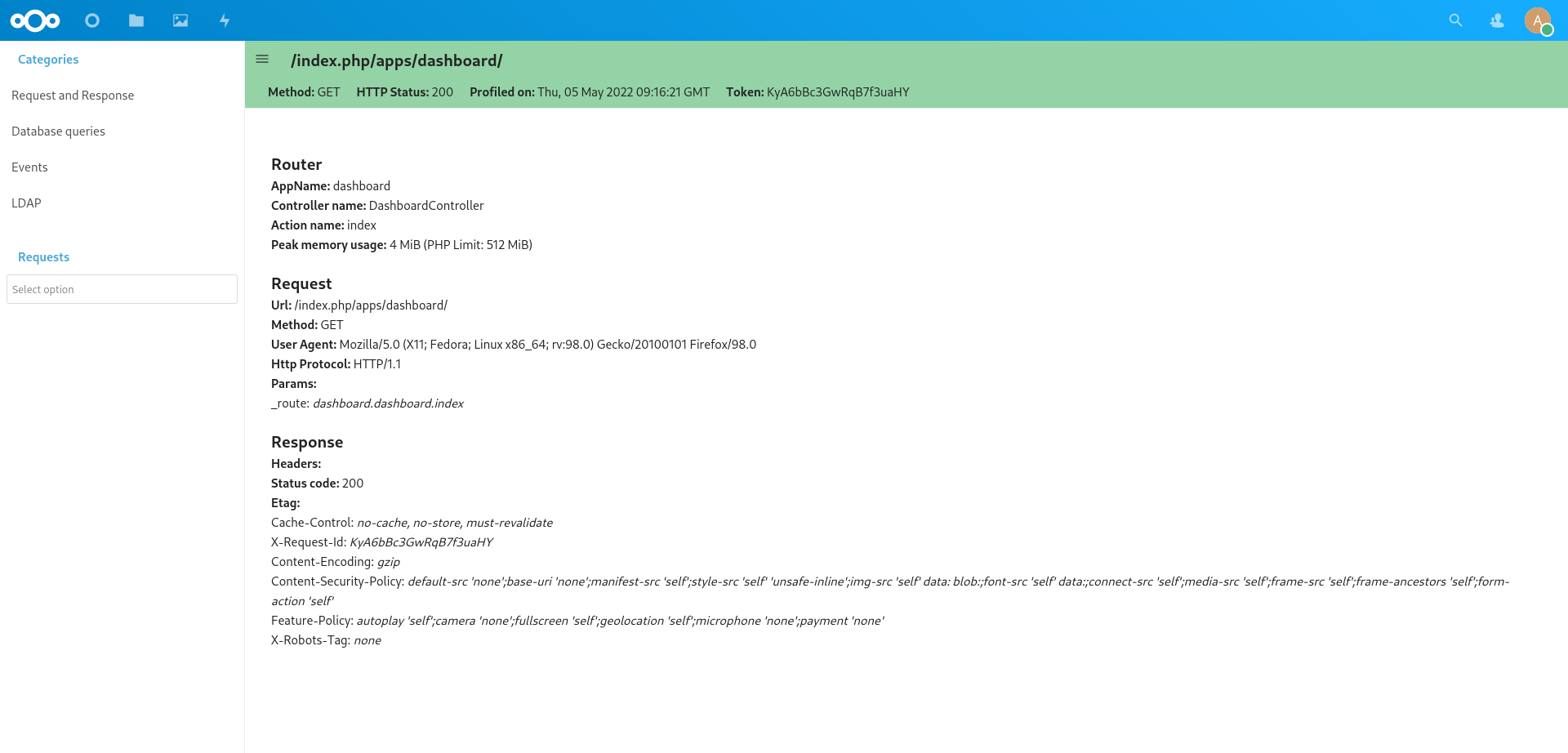 Profiler general request and response view showing controller, response headers, and request parameters